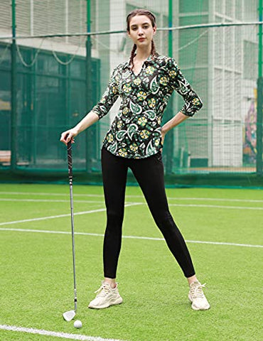 Image of JACK SMITH Women's 3/4 Sleeve Sports Moisture-Wicking Polo Shirt T-Shirt Tops, Cashew Flowers 2#, Large