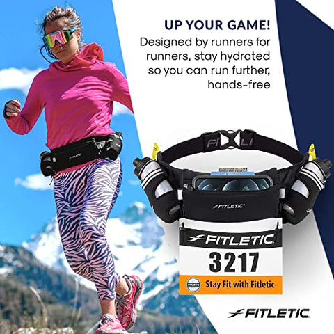 Image of Fitletic Hydra 16 Trail Hydration Belt ‚ Small/Medium, Black | Patented No Bounce Technology for Marathon, Triathlon, Ironman, Trail, 5K, 10K | Running Belt | Race Belt | HD08-C1S