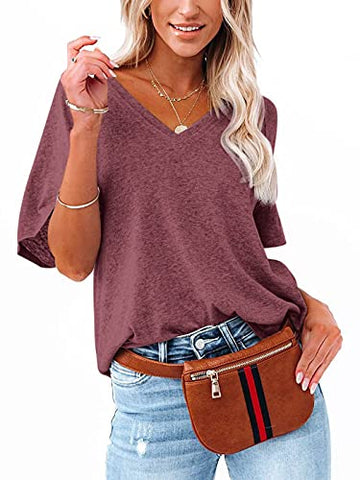 Image of Women's V Neck Off The Shouder Short Sleeve T Shirts Summer Loose Casual Loose Oversize Tops Burgundy Small