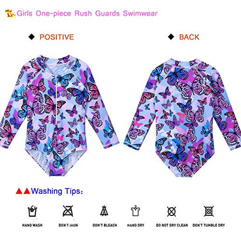 Image of ZNYUNE Girls One Piece Rashguard Swimwear Long Sleeve Swim Suit with Zipper UPF 50+ Sun Protection (PurpleButterfly, for 7-8 Years)
