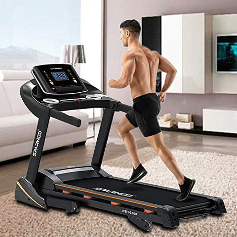 Image of SPARNOD FITNESS STH-3700 (4 HP Peak) Foldable Motorized Walking and Running Automatic Treadmill for Home Use - with Auto Incline, 8 Point Shock Absorption System - Black