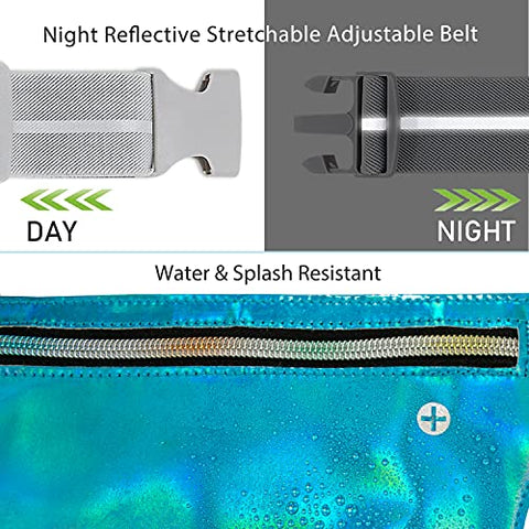 Image of Ultra Slim Fanny Pack Holographic, Water Resistant Hologram Metallic Neon Waist Bag, Upgraded Inner Pockets, Reflective Adjustable Elastic Belt Laser Bum Bag for Rave Festival Travel Party, Neon Blue
