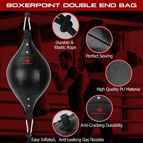 BOXERPOINT Double End Bag Boxing Set - Double Ended Punching Ball - Speed Striking Reflex Kit with Fully Adjustable Cords - PU Leather Punch Bag with Hand Wraps, Complete Installation Kit & Carry Bag