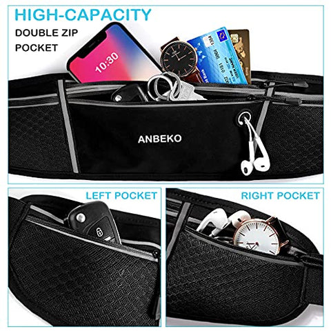 Image of ANBEKO Universal Running belt with extender, large capacity waist pack with 4 pockets,Hiking Travel Camp Running Workout Belt bag,Reflective no bounce waist pack,Easy carry any large phones
