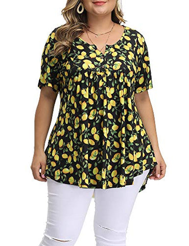Image of Allegrace Women's Plus Size Floral Blouses Henley V Neck Button Up Tunic Tops Ruffle Flowy Short Sleeve T Shirts P30 Lemon Black 4X