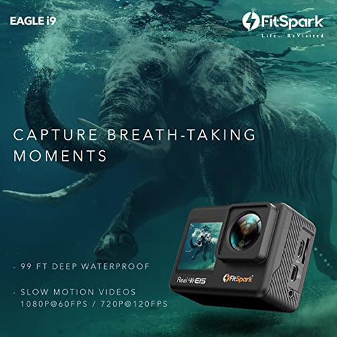 Image of FitSpark Eagle i9 Dual Screen Real 4K WiFi Action Camera with Wind Noise Reduction | Ultra HD 170° Wide-Angle Lens | 6-Axis Gyro Stablization + EIS | 2.5mm External MIC Support | Smartwatch Remote