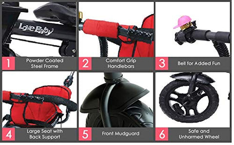 Image of JoyRide Learn-to-Ride Trike on 3 Wheels with Safety Harness, Non-Slip Pedal,Storage Basket and Removable Parent Handle, Black, Red