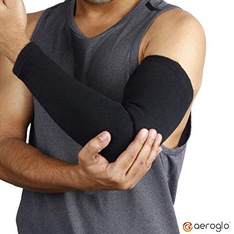 Image of Aeroglo Health - Warm Compression Arm & Elbow Support Sleeve (Pair Pack in Re-usable Jar) for Pain, Jerk and Tan Prevention - Soft, Knitted & Breathable Material (Black)