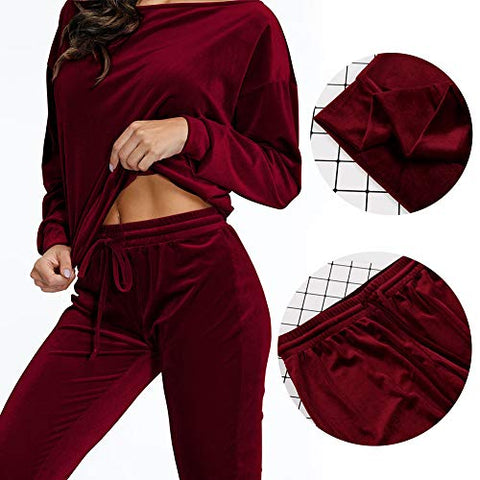 Image of VamJump Women Burgundy Velvet Off Shoulder Long Sleeve Sweat Suits Tracksuit, Medium