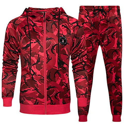 Image of Men Gym Contrast Jogging Full Tracksuit Hoodie Camouflage Joggers Set, Camo Red-M