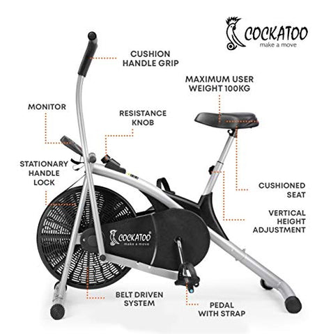 Image of Cockatoo AB06 Stainless Steel Exercise Bike with Moving Handle and Adjustable Cushioned Seat, Black/Silver (DIY, Do It Yourself Installation)