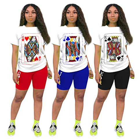 Image of Women 2 Piece Sports Outfits Sets-Short Sleeve Poker Print T Shirts + Short Pants Bodycon Jumpsuit Set Clubwear Tracksuit Jogging Suit QM4056 Black-S