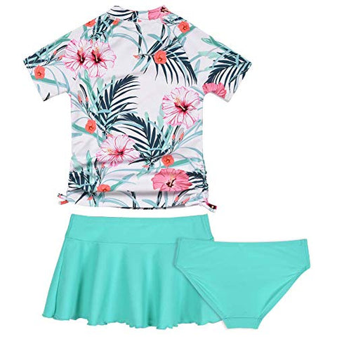 Image of Cadocado 3 Piece Little Girl‚„s Swimsuit Set Rash Guard Short Sleeve Breathable Girls Swim Skirt Flounce Beachwear,Green Floral,7 Years