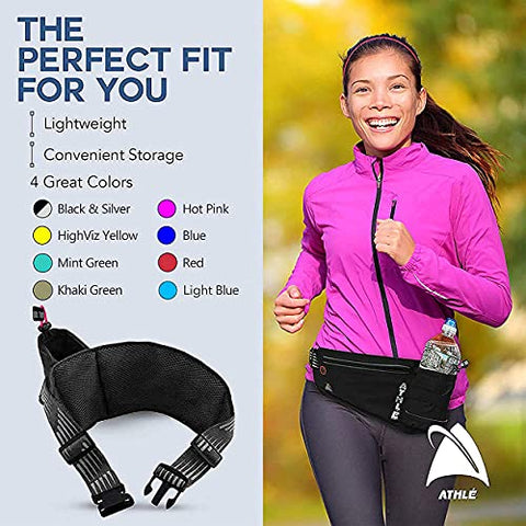 Image of Athlé Running Fanny Pack with Water Bottle Holder - Adjustable Run Belt Storage Pouch with Zipper Pocket for Sports and Travel – 360° Reflective Band – Fits iPhone Plus, Galaxy Note – Black/Silver