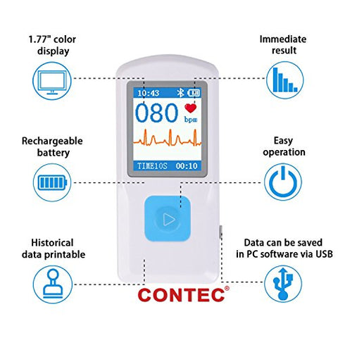 Image of CONTEC Portable ECG/EKG Monitor PC Software Electrocardiogram Bluetooth Heart Rate Beat LCD Monitor PM10
