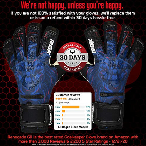 Image of Renegade GK Limited Edition Rogue Guardian Goalie Gloves with Pro-Tek Fingersaves | 4mm Giga Grip & Neoprene | Black & Blue Soccer Goalkeeper Gloves (Size 9, Youth-Adult, Negative Cut, Level 4+)