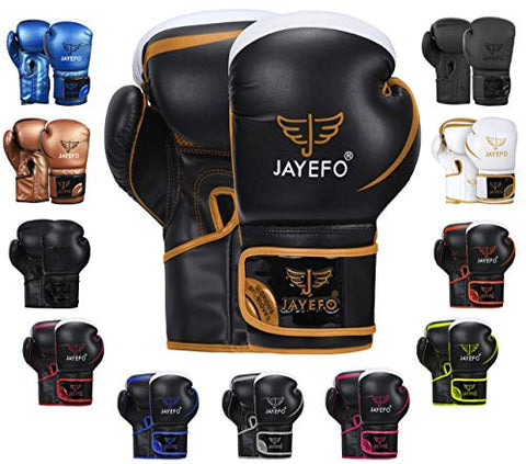 Image of Jayefo Glorious Boxing Gloves Muay Thai Kick Boxing Leather Sparring Heavy Bag Workout Pro Leather Gloves Mitts Work for Men & Women (Black/Copper, 6 OZ)