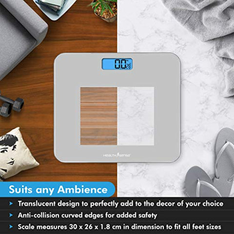 Image of HealthSense Dura-Glass PS 115 Digital Personal Body Weighing Scale, Best Electronic Bathroom Scales & Weight Machine for Home & Human Balance with Room Temperature Indicator, 1 Year Warranty & Batteries Included (Milky White)
