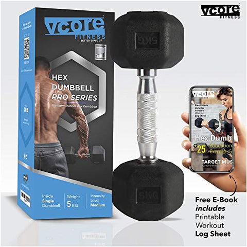 Image of VCORE FITNESS Hex Dumbbell 5Kg Single Dumbbell, Ideal for Home Gym Dumbbells Exercise Workout for Men & Women, Steel Iron Rubber Encased, Black