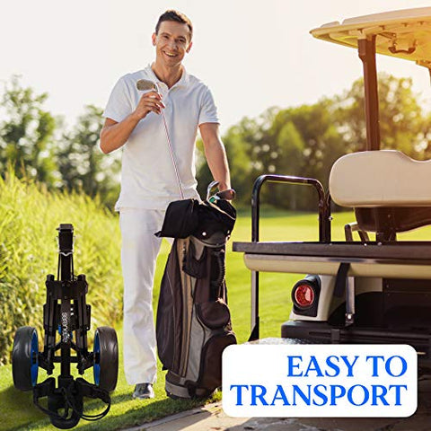 Image of SereneLife 2 Wheel Golf Push Cart - Lightweight Folding Walking Push Cart Roller Golf Bag Holder w/Foot Brake, Upper/Lower Bracket w/Elastic Strap, Bag Storage Holder SLGZX3