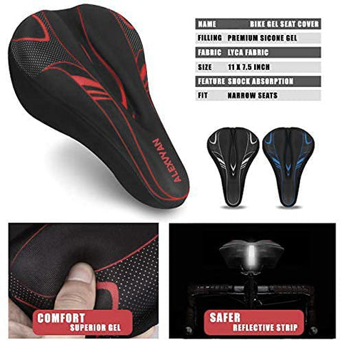 Image of AlexVyan Soft Bicycle Silicone Gel Saddle Cover ( 11*7.5 Inch) Cycling Cushion Pad City Cycle Seat Cover Gym Cycle Gel Cover -Fits Narrow/Slim Seats (Black and Red)
