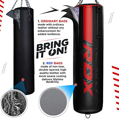 Image of RDX Punching Bag Heavy Boxing Bag, 8pc Filled 4ft 5ft Anti Swing Kickboxing Adult Set, Maya Hide Leather, Punch Gloves Ceiling Hook Hanging Chains, MMA Muay Thai Workout Home Gym Fitness Training