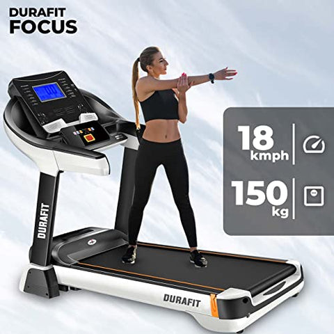 Image of Durafit - Sturdy, Stable and Strong Durafit Focus | 7HP Peak DC Motorized Treadmill | Auto Incline | Home Cardio | Max Speed 18 Km/Hr | Max User Weight 150 Kg |Black| Spring Suspension Technology