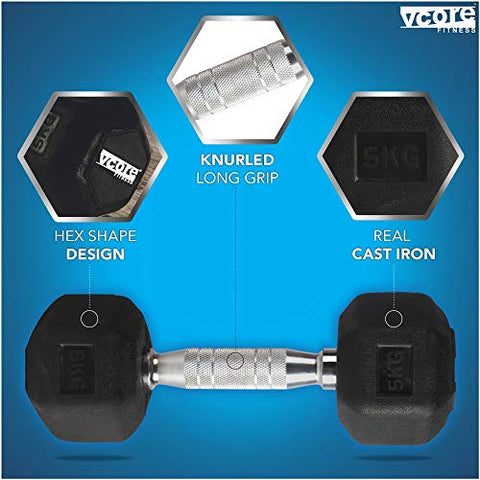Image of VCORE FITNESS Hex Dumbbell 5Kg Single Dumbbell, Ideal for Home Gym Dumbbells Exercise Workout for Men & Women, Steel Iron Rubber Encased, Black