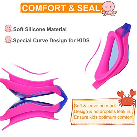 Image of Kids Swim Goggles Swimming Goggles for Boys Girls Kid Age 3-12 Child Colorful Swim Goggles Clear Vision Anti Fog UV Protection No Leak Soft Silicone Nose Bridge Protection Case Kids' Skoogles