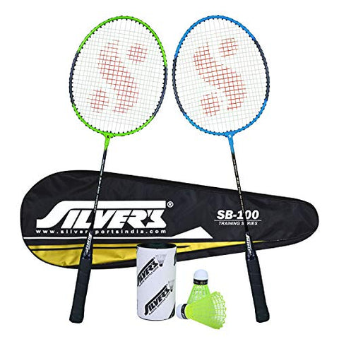 Image of Silver's SB-100 Combo-2 (2 B/Badminton Rackets with 1 Full Cover + 2 Pcs Plastic Shuttle) Green-Blue, Steel