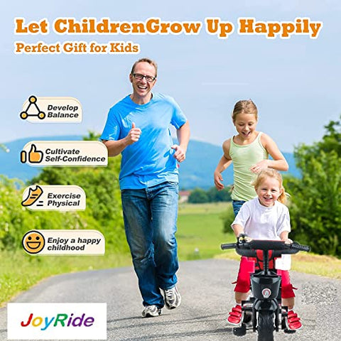 Image of JoyRide Learn-to-Ride Trike on 3 Wheels with Safety Harness, Non-Slip Pedal,Storage Basket and Removable Parent Handle, Black, Red