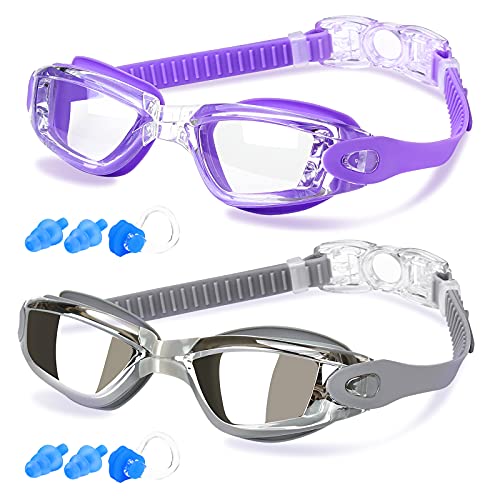 cooloo swim goggles COOLOO Swim Goggles Men, 2 Pack Swimming Goggles for Women Kids Adult Anti-Fog Fathers Day Gifts for Dad, Purple & Gray