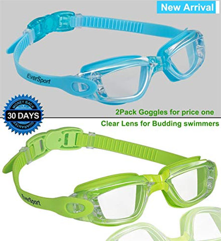 Image of EVERSPORT Kids Swim Goggles 2 Pack, LightBlue & Green, Swimming Goggles for Teenagers, Anti-Fog Anti-UV Youth Swimming Glasses, Leakproof, Free Ear Plugs, one Button Open Straps, for 4-15 Y/O