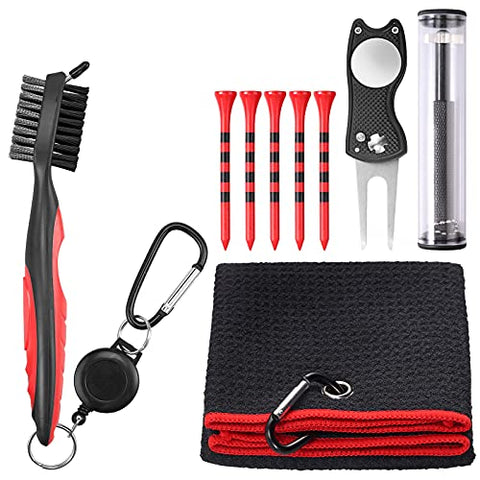 Image of VINTEAM Golf Accessories Gift Set, Golf Towel, Golf Club Brush with Groove Cleaner, Foldable Divot Repair Tool with Ball Marker, Club Groove Cleaner Set and Golf Tee Holder - Golf Club Cleaning Kit