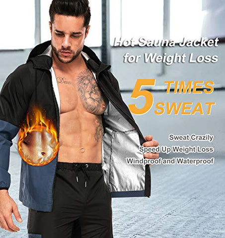 Image of Junlan Sauna Suit for Mens Sweat Sauna Jacket for Men Sweat Tops Gym Workout Zipper Hoodie Sauna Suits (Blue Jacket Only, Large)