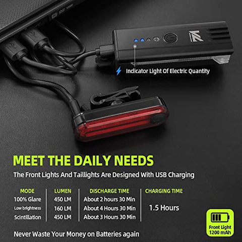 Image of VICTGOAL Cycle Light Set USB Rechargeable 450 Lumens Bright Bicycle Light with Wired Control Electronic Horn Waterproof Front Headlight and Taillight for Night Cycling (Black)