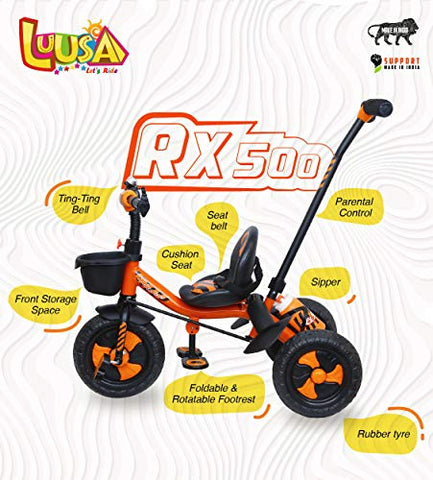 Image of Luusa RX-500 Plug N Play Kids/Baby Tricycle With Parental Control, Cushion Seat And Seat Belt For 12 Months To 48 Months Boys/Girls/Carrying Capacity Upto 30kgs (Orange)