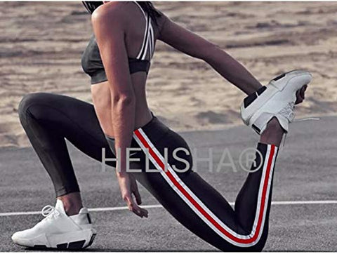 Image of HELISHA® Gym wear Leggings Ankle Length Free Size Combo Workout Trousers | Stretchable Striped Jeggings |Mid Waist Sports Fitness | Yoga Track Pants for Women & Girls (Pack of 2) (Black With White-Line+Black-With-Red-Line)