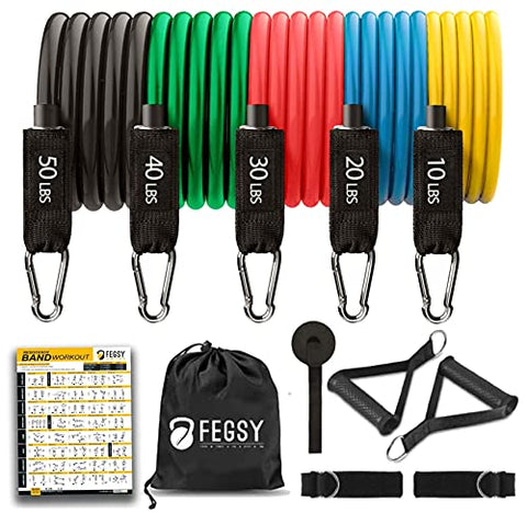 Image of FEGSY Resistance Bands Set for Exercise, Stretching, and Workout Toning Tube Kit with Foam Handles, Door Anchor, Ankle Strap, and Carrying Bag for Men, Women (Natural Latex)