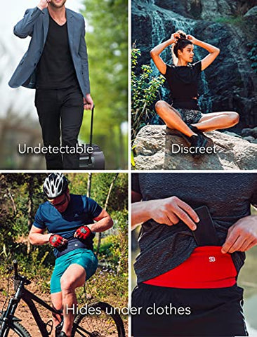 Image of Stashbandz Unisex Running Belt Waist Pack, Travel Money Belt, Fanny Pack, 3 Large Security Pockets Plus 1 Zippered Pocket Fits Phones Passport and More, Extra Wide Spandex, USA Made