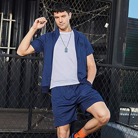Image of TOLOER Men's Zipper Short Sleeve Jacket and Shorts Stripe Drawstring Waistband Tracksuit Navy XX-Large