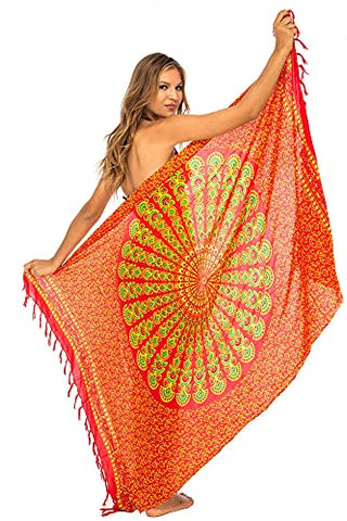 Image of Back From Bali Womens Beach Swimsuit Bikini Cover Up Wrap and Clip Sarong Peacock Gaza Red