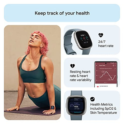 Image of Fitbit Versa 4 Fitness Watch (Waterfall Blue / Platinum Aluminium) with 6-Month Premium Membership
