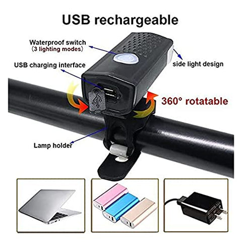Image of FABSPORTS Aluminum USB Rechargeable LED Bike/Bicycle Light Set, High Bright Front Light and Back Light, 3 Light Modes, Portable, Waterproof Headlamp (Black)