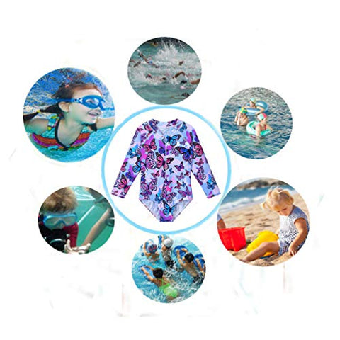 Image of ZNYUNE Girls One Piece Rashguard Swimwear Long Sleeve Swim Suit with Zipper UPF 50+ Sun Protection (PurpleButterfly, for 7-8 Years)