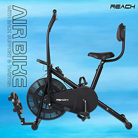 Image of Reach AB-110 Air Bike Exercise Fitness Gym Cycle with Moving or Stationary Handle Adjustments for Home - 3 Options (Normal Seat | Back Support Seat |Twister) (Back Support Seat & Twister)