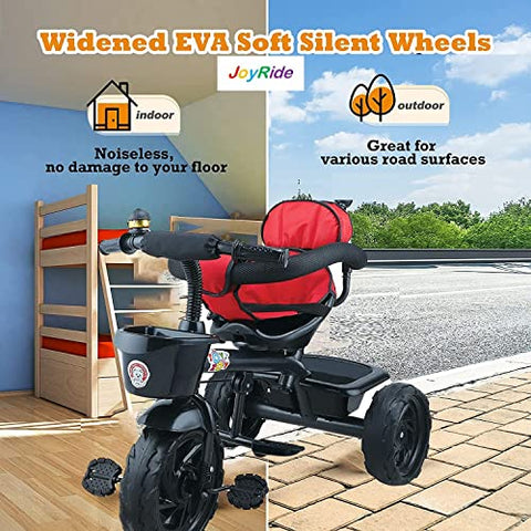 Image of JoyRide Learn-to-Ride Trike on 3 Wheels with Safety Harness, Non-Slip Pedal,Storage Basket and Removable Parent Handle, Black, Red