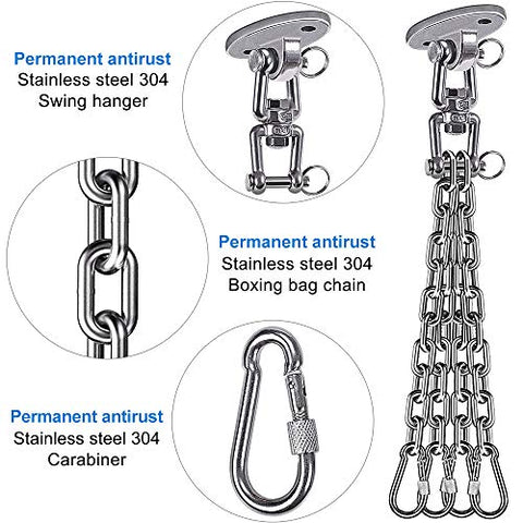Image of Besthouse Permanent Antirust Stainless Steel 304 Heavy Duty Boxing Punching Bag Chain 300LBS Capacity, Heavy Duty Swing Hangers, 4 Chains and 4 Carabiner, 360° Rotate, 2 Screw for Wooden Sets