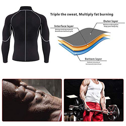 Image of Ursexyly Men Exercise Sweat Hot Dress Shirt, Sauna Suit Neoprene Slimming Fitness Jacket Gym Wear for Core Muscle Training (Black Exercise Shirt, L)