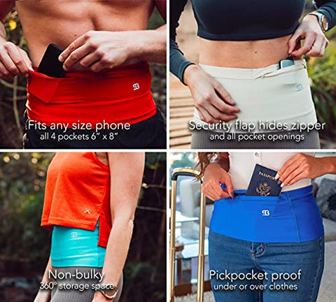 Image of Stashbandz Unisex Running Belt Waist Pack, Travel Money Belt, Fanny Pack, 3 Large Security Pockets Plus 1 Zippered Pocket Fits Phones Passport and More, Extra Wide Spandex, USA Made